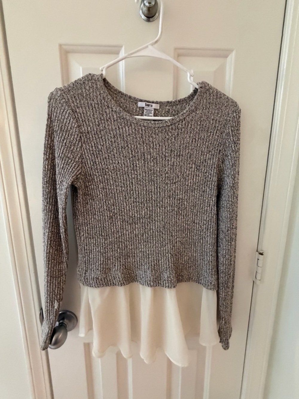 Gray Knit Sweater with Cream Chiffon Hem